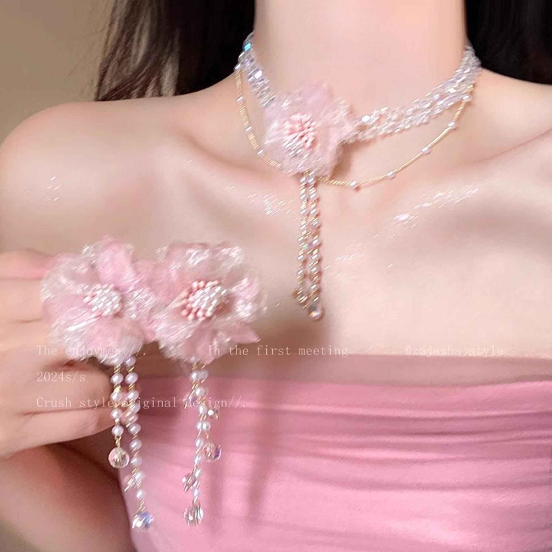 Pink crystal flower pearl necklace, women's dress, dress, exaggerated necklace accessory, seaside atmosphere, collarbone chain