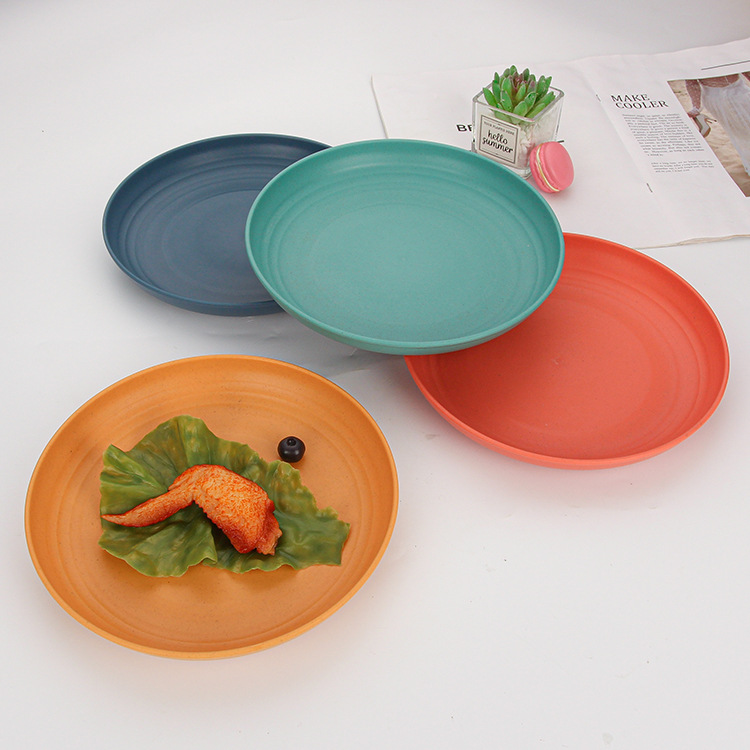 Creative wheat straw home simple plastic round plate, barbecue snack inventory, fruit plate, snack dessert plate details Picture