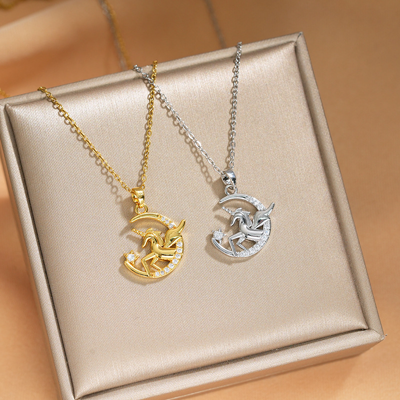The popular "Moon Unicorn" titanium steel necklace for women on Douyin, exquisitely inlaid zircon collarbone chain, is a light luxury accessory that has become a hit full figure