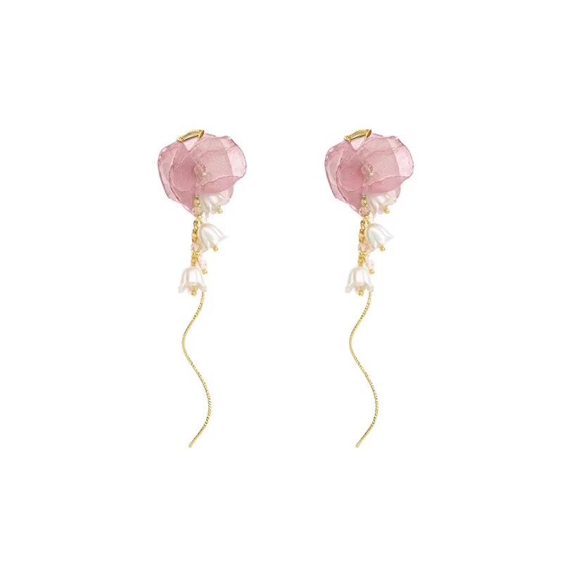 Pink chiffon flower tassel earrings, women's French vacation style long earrings, unique design sense, exaggerated earrings Item Picture