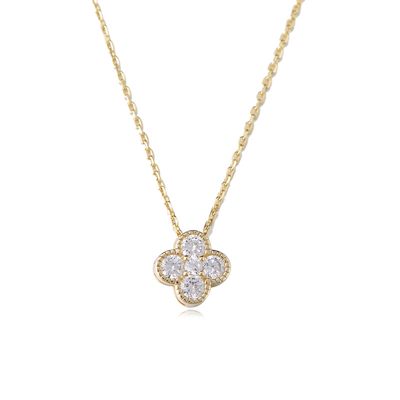 Wholesale of new Korean pink diamond four-leaf clover necklace, high-end, niche, light luxury, simple and slightly inlaid zircon titanium steel collarbone chain Item Picture