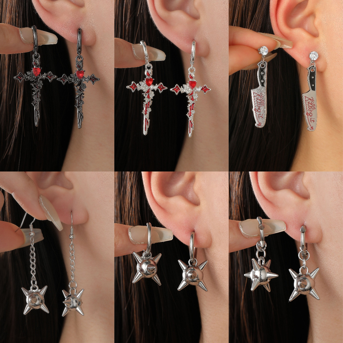 European and American cross-border dark thorns oil rose heart cross earrings for women, chain rivets punk earrings for men full figure