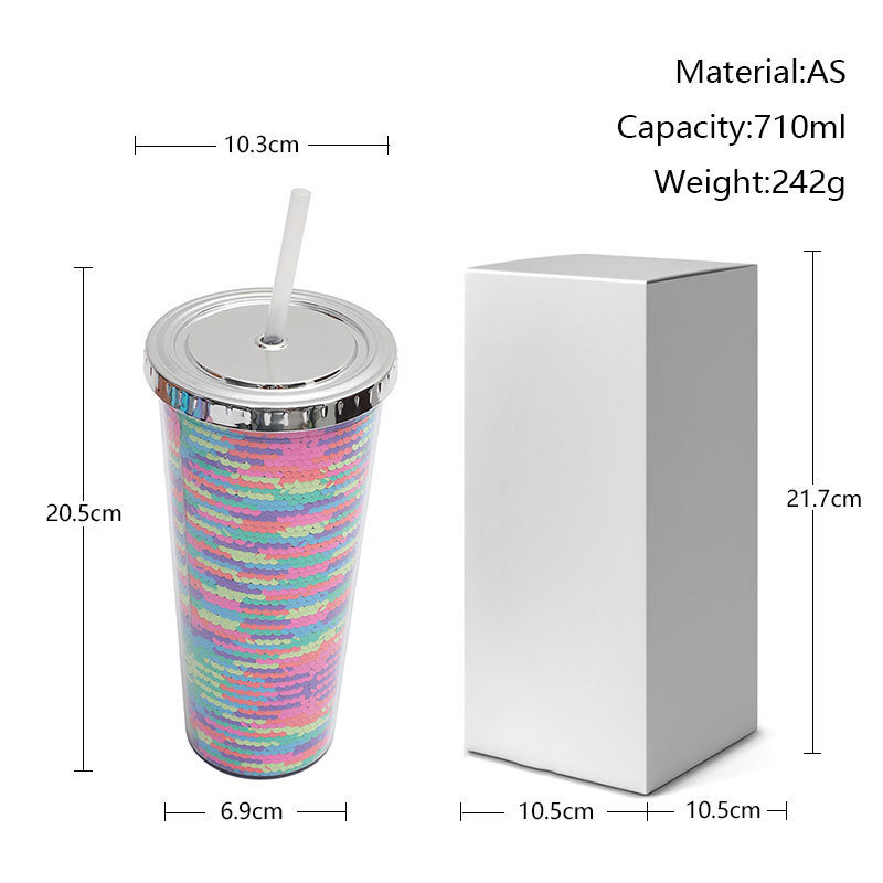 Wholesale 710ML colorful sequined drinking cups from the manufacturer, Amazon's best-selling double-layer plastic cups, and internet-famous straw cups Application Scenario