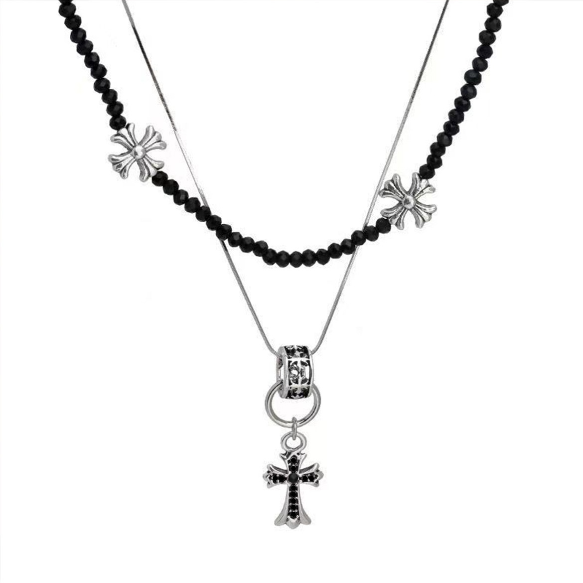 Sweet and cool personality double-layer black crystal cross pendant necklace, hot girl hip-hop niche accessory choker sweater chain Item Picture