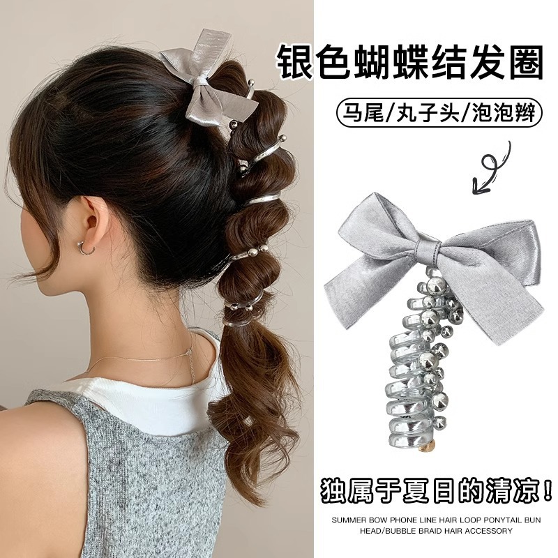 Silver bow telephone line hair tie with a high-end feel, bubble braid hair tie, ponytail hair tie, sweet straight hair tie Specification drawing