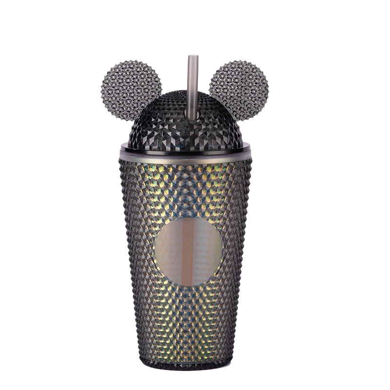 New manufacturer direct supply Amazon double-layer plastic straw cup, children's creative prickly cup, portable cat ear cap, durian Item Picture