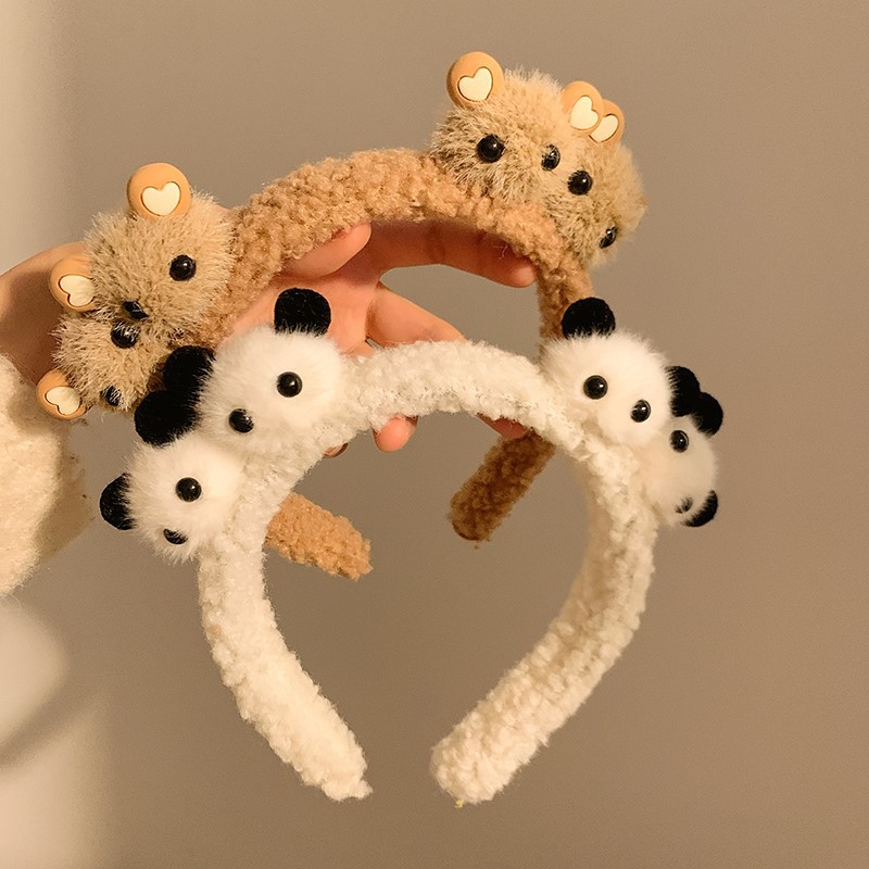 Cartoon bear plush hairband, cute female panda face wash hairpin, headband, hair accessory, hair tie, fluffy, new for autumn and winter details Picture