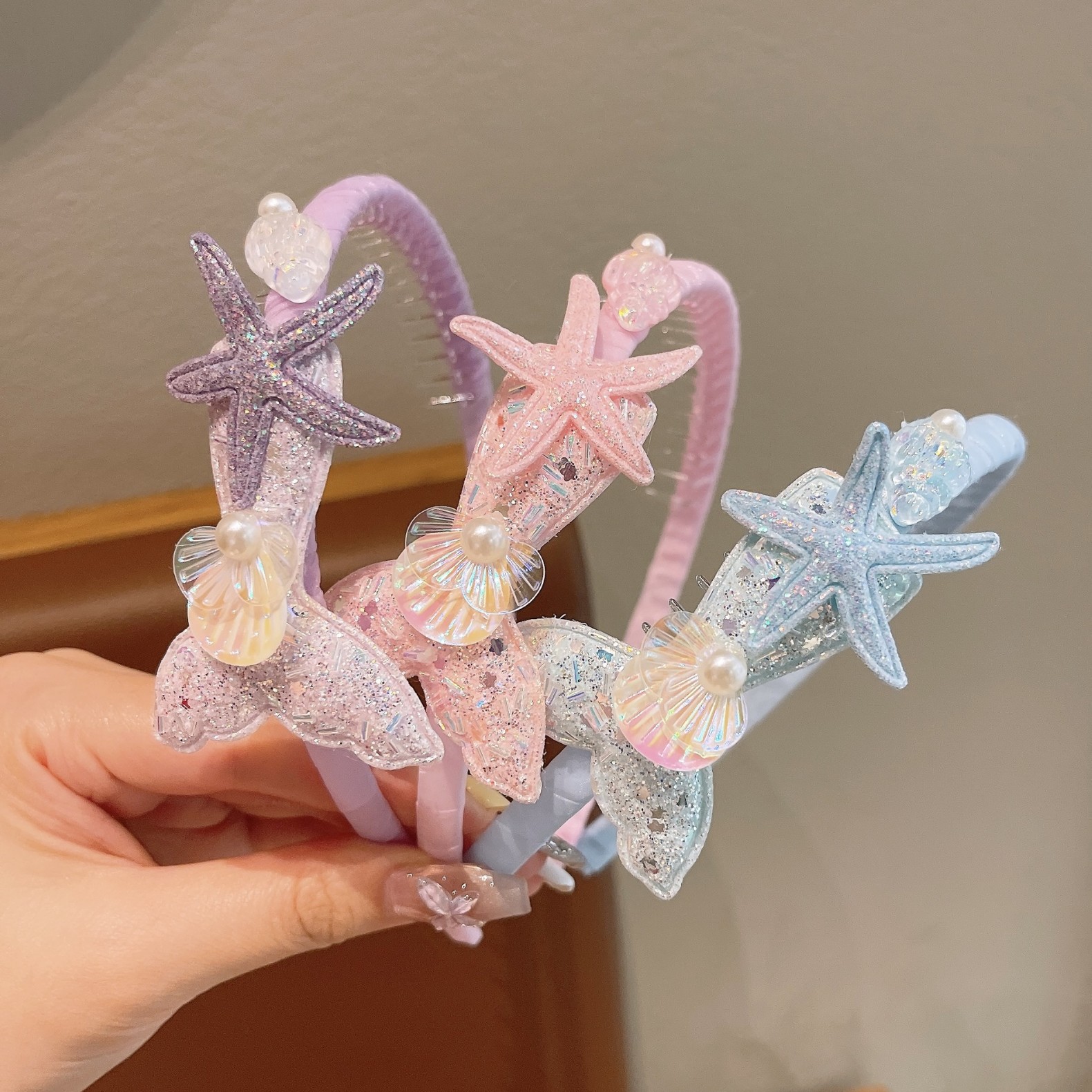 New Princess series Sequined fish tail cartoon mermaid starfish shell children's hairband compression clip hair accessory Headwear full figure