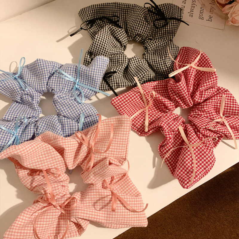 Korean-style pink checkered bow, ribbon, square scarf, large intestine hair band, women's versatile hair rope, hair accessory, headwear for spring and summer details Picture