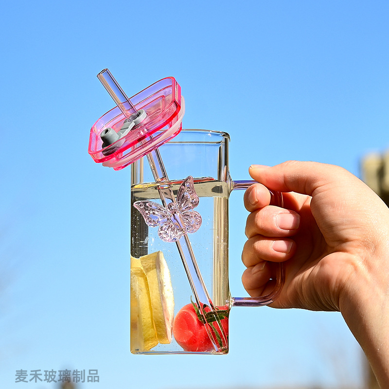 Popular square glass multi-color butterfly cup with handle, household with lid, high appearance level, straight use straw, dual-purpose cup, high boron details Picture
