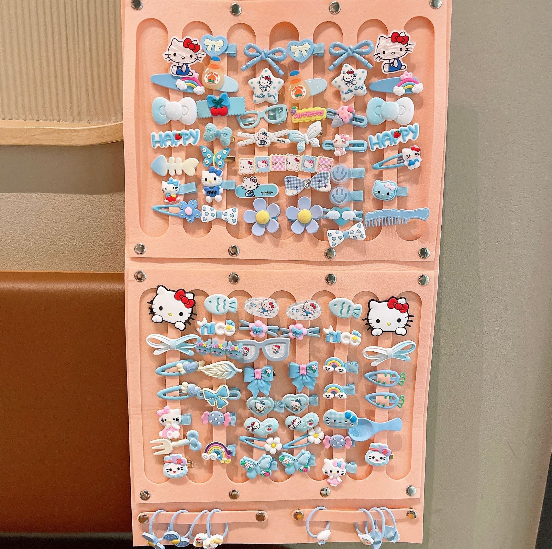 Children's hello kitty hair clip storage bag, girls' hair accessory wall-mounted storage accessory, rubber band hair band wall-mounted bag Specification drawing
