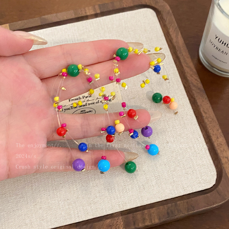 Dopamine colored sugar bean beaded tassel earrings, sweet and elegant, versatile, exaggerated stud earrings, light luxury, internet-famous earrings for women details Picture