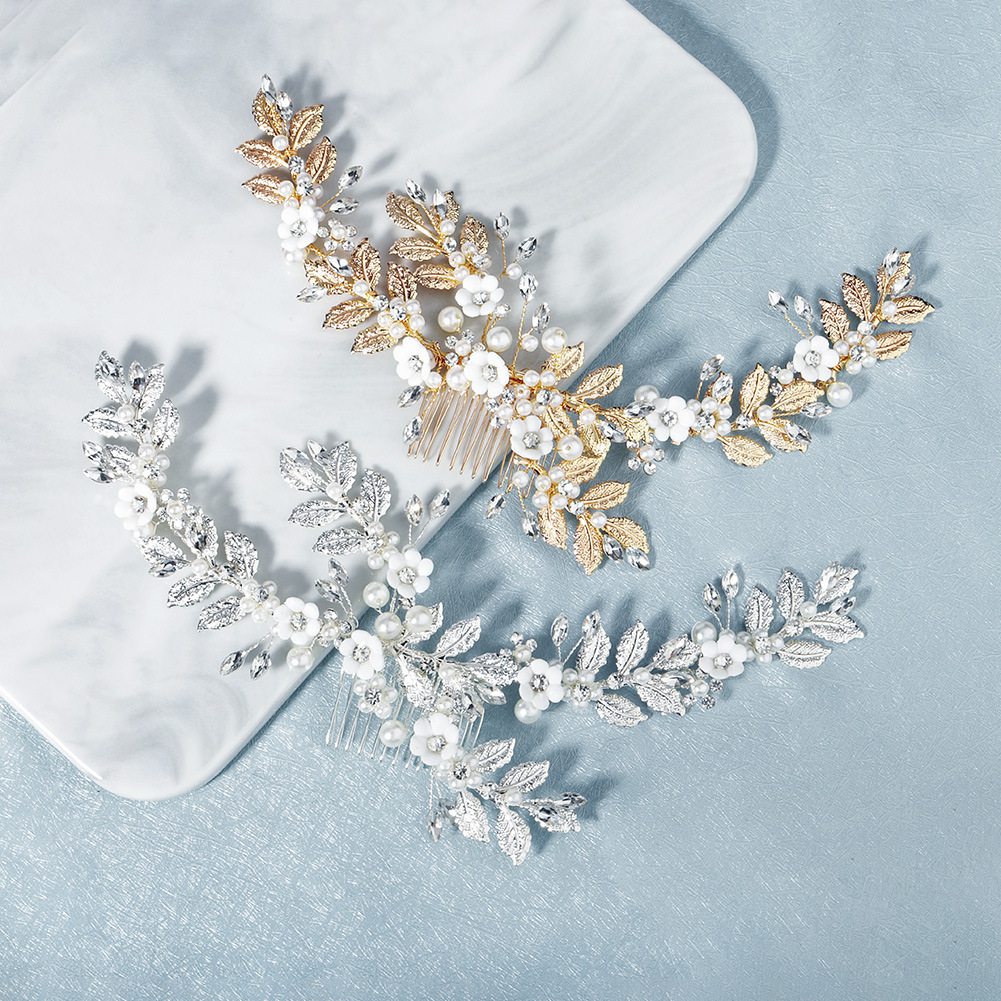 New European and American bridal accessories: pearl and crystal hair combs, metal leaves, handcrafted soft clay flower hair combs full figure