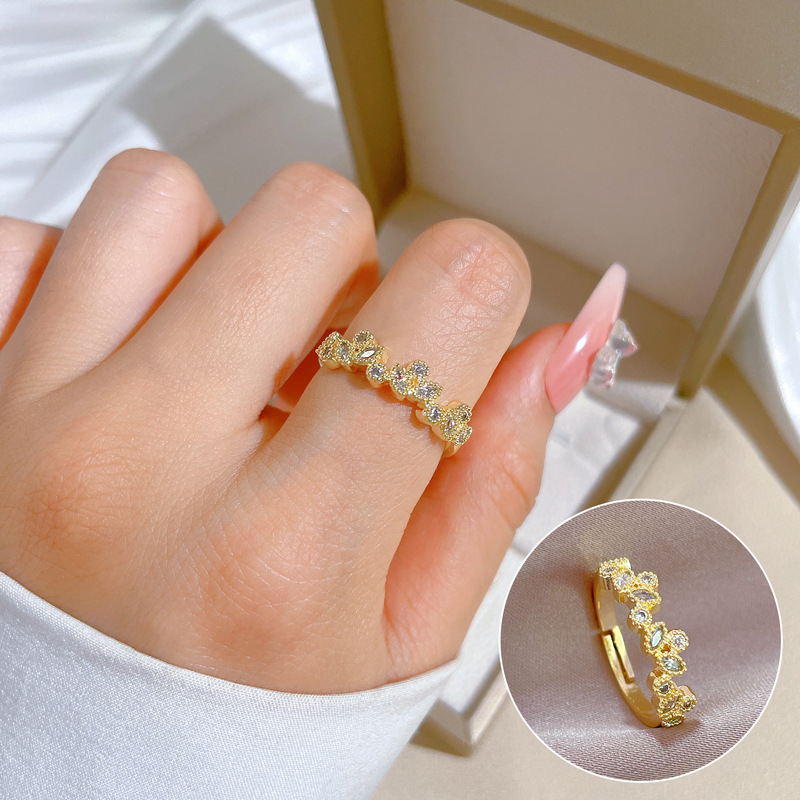 【 Real Gold 】 Leaf Zircon ring with adjustable opening, simple Japanese-style bracelet, couple rings full figure