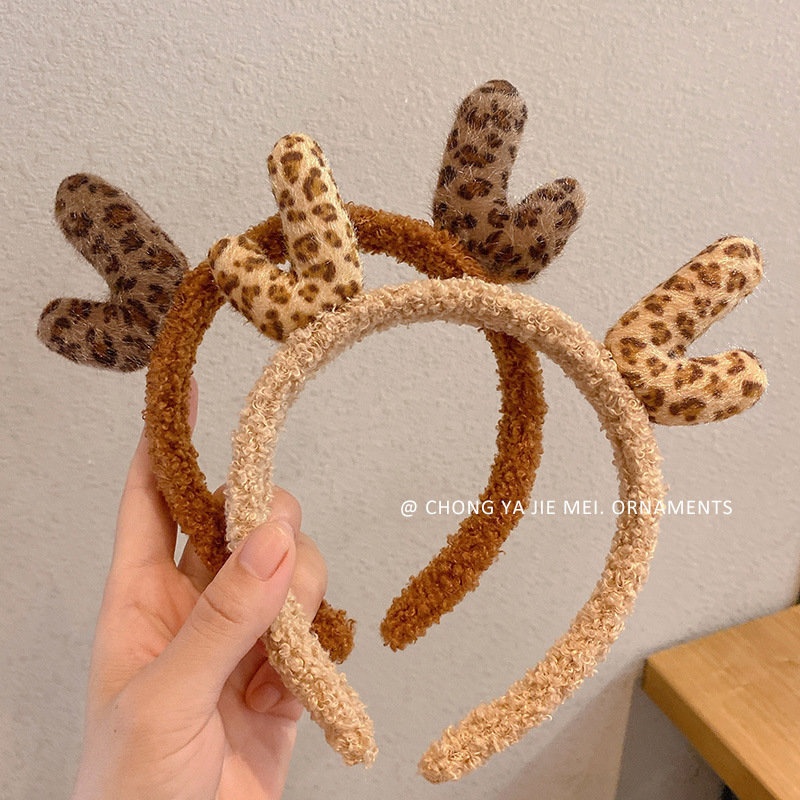Leopard print antler headband, Christmas super cute Internet celebrity headband, adorable headwear, Carson girl, South Korea details Picture