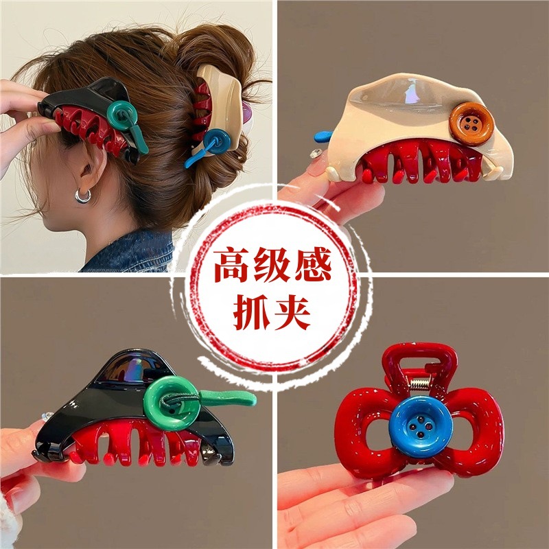 Fun patchwork button clip women's 2025 new bestseller color-blocked hairpin half-clip shark clip cute headwear details Picture