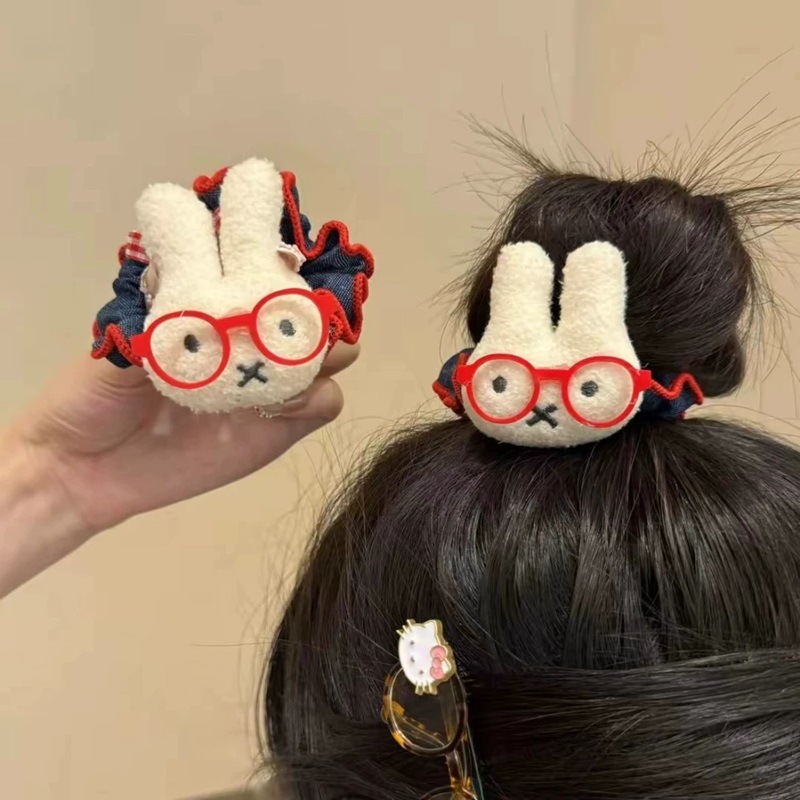 Cute old-fashioned glasses, KT cat Miffy denim hair band, simple and elegant girl style, ponytail, high elastic hair band, leather band girl Application Scenario