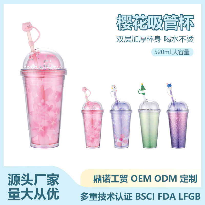 New cross-border factory direct supply double-layer plastic straw cup, high school girls' appearance level water cup, creative and cute gift cup full figure