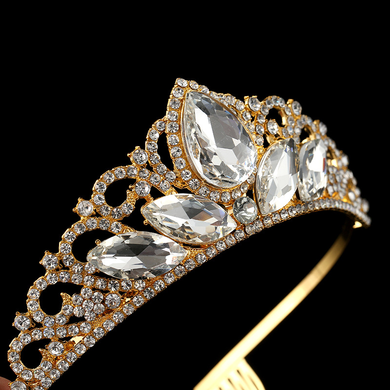European and American bride crown headwear, alloy diamond-encrusted crown, princess wedding dress hair accessory, adult birthday party crown hair accessory Specification drawing