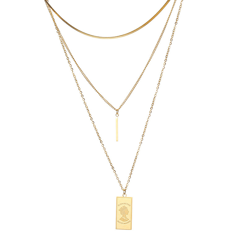 An irregular, simple and versatile titanium steel pendant necklace featuring a long and square queen's head in European and American fashion Item Picture