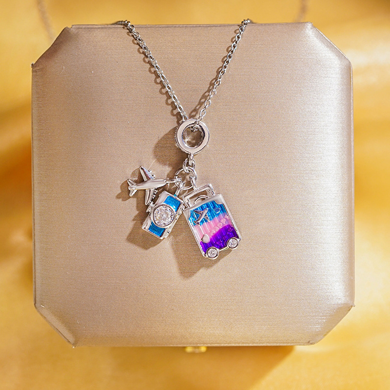 Global travel necklace, women's rainbow oil drip camera suitcase, airplane pendant, fashionable and light luxury design sense collarbone chain details Picture