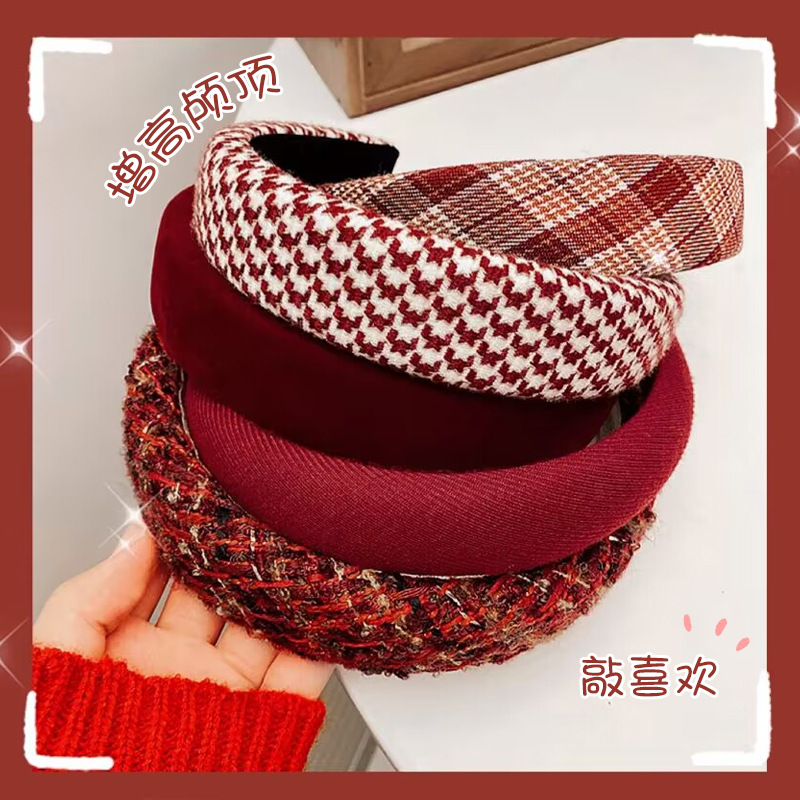 New Year's red hairband, women's hair clip, women's style, perfect for going out in autumn and winter, wide edge, high top of the head, hair tie headwear Specification drawing