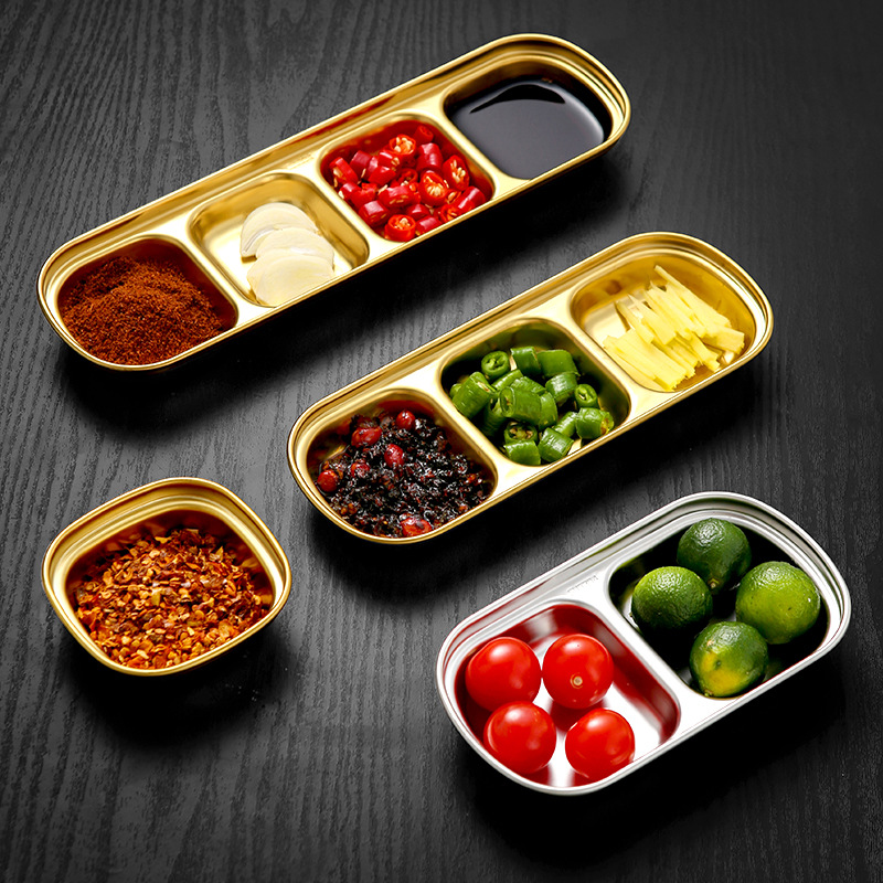 304 stainless steel Korean sauce plate, thickened seasoning plate, barbecue dipping sauce plate, golden grid plate, home hot pot flavor plate details Picture