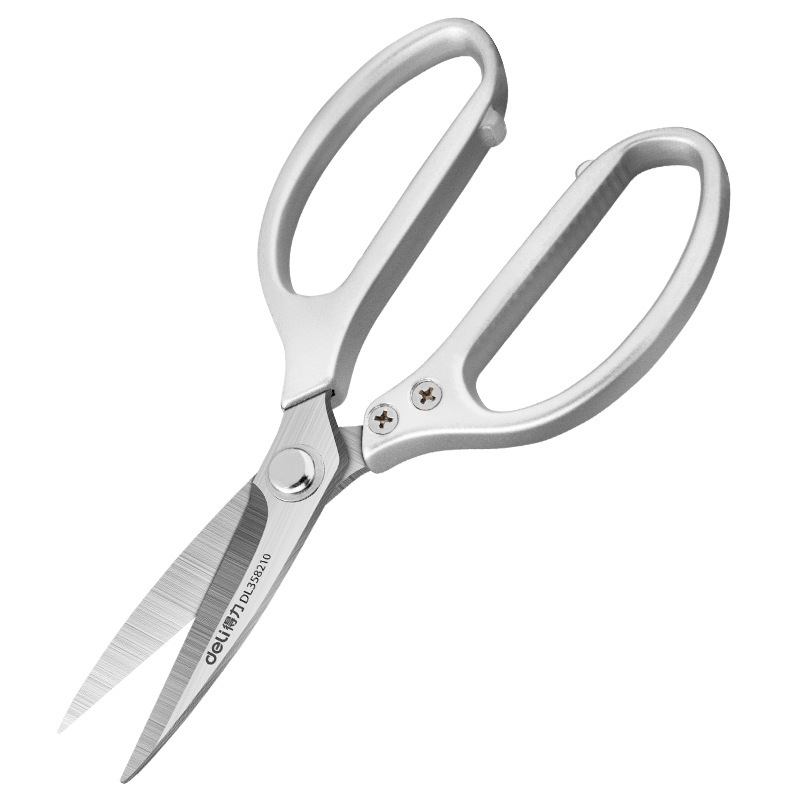 Deli reinforced aluminum alloy stainless steel scissors, industrial scissors, leather fabric, fishing nets, paper, plastic hoses, shower heads Item Picture