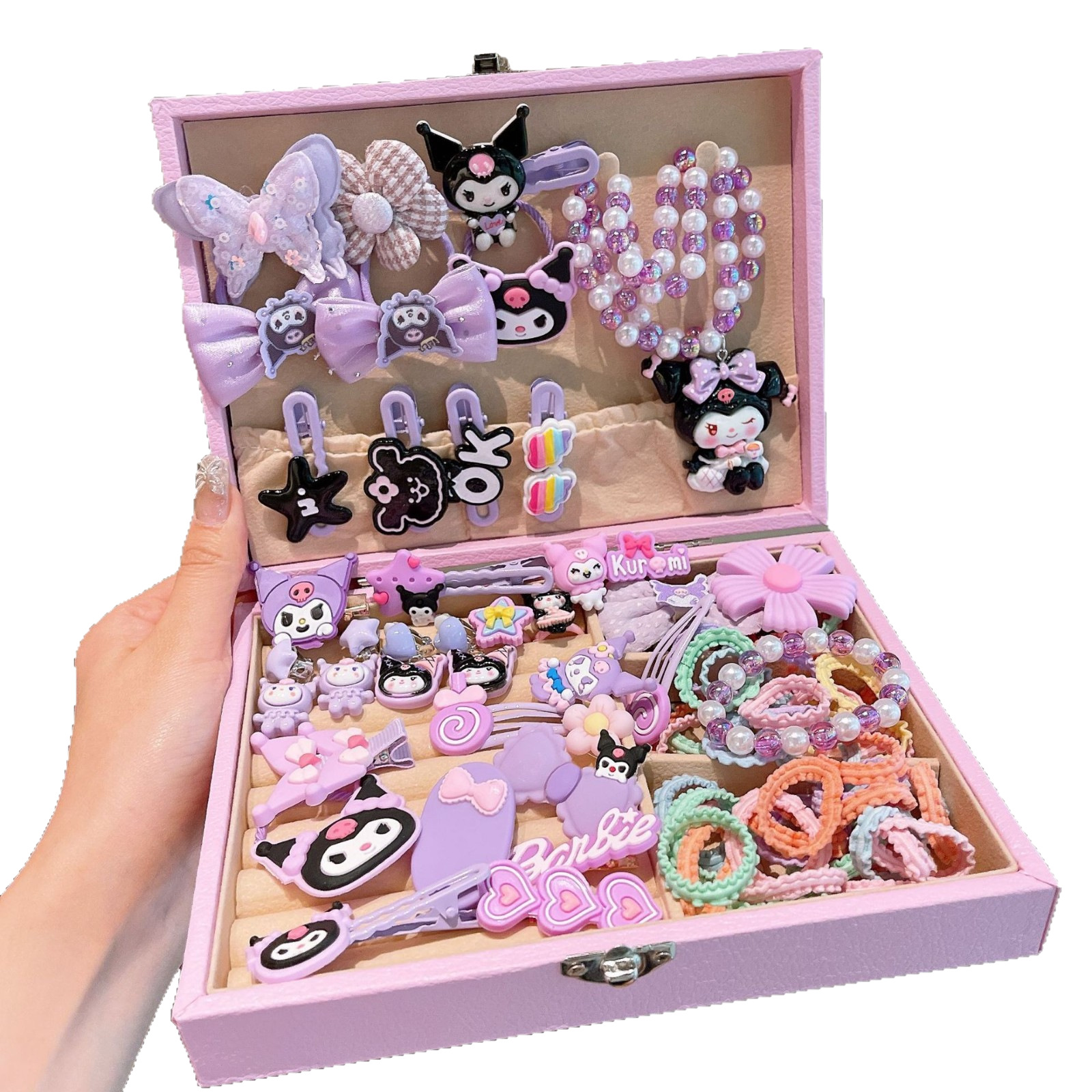 Kuromi Children's Hair Accessory Set Gift Box, Birthday Present for Little Girls, Princess Cartoon Sanrio Hair Clip Jewelry Box Item Picture