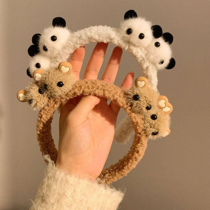 Cartoon bear plush hairband, cute female panda face wash hairpin, headband, hair accessory, hair tie, fluffy, new for autumn and winter Specification drawing