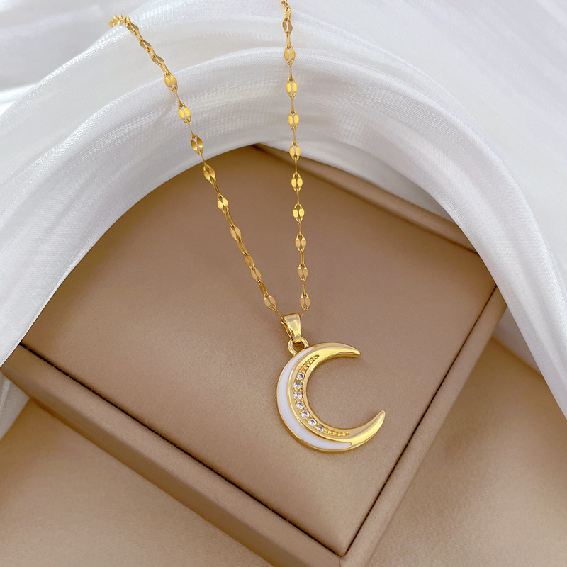 【 Titanium Steel 】 Oil-dripping moon, light luxury and elegant, full diamond necklace, versatile collarbone chain for female Internet celebrities, titanium steel chain Application Scenario