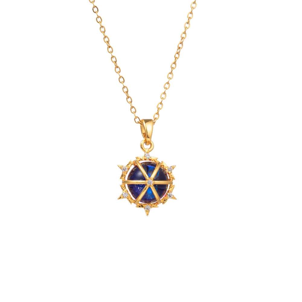 Blue gemstone rudder pendant titanium steel necklace with a niche design sense from Japan and South Korea, a trendy and individualistic female Instagram collarbone chain Item Picture