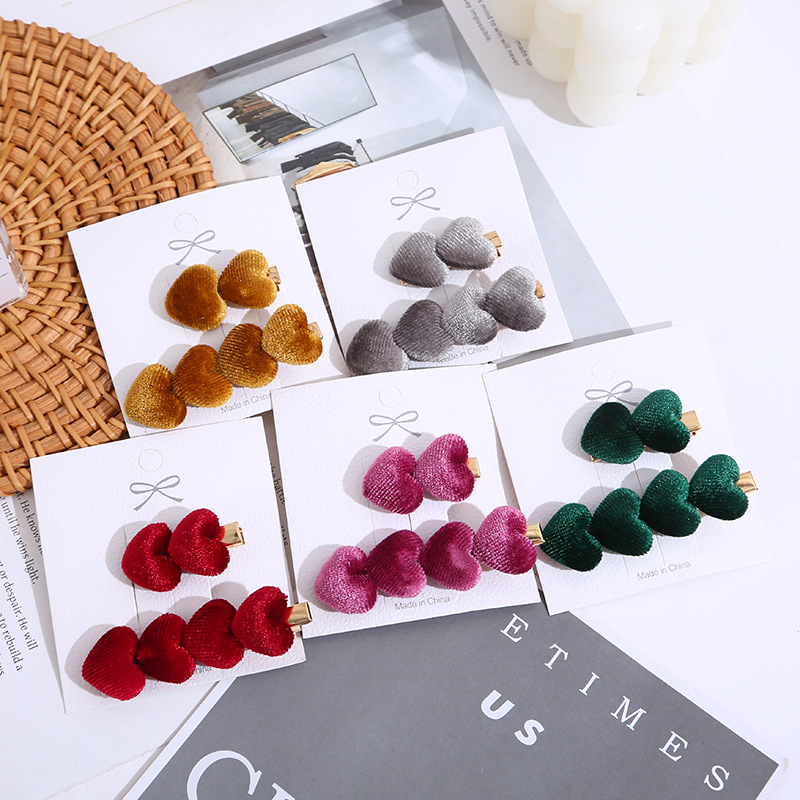 Korean velvet heart-shaped hair clips, sweet bangs hair clips, women's autumn and winter side clips, Japanese hair accessories and headwear full figure