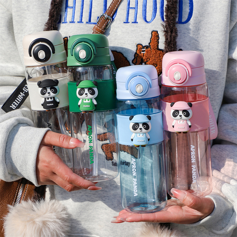 Summer cute cartoon water cups, student panda dolls, children's straws, plastic cups, leisure and sports water cups wholesale details Picture