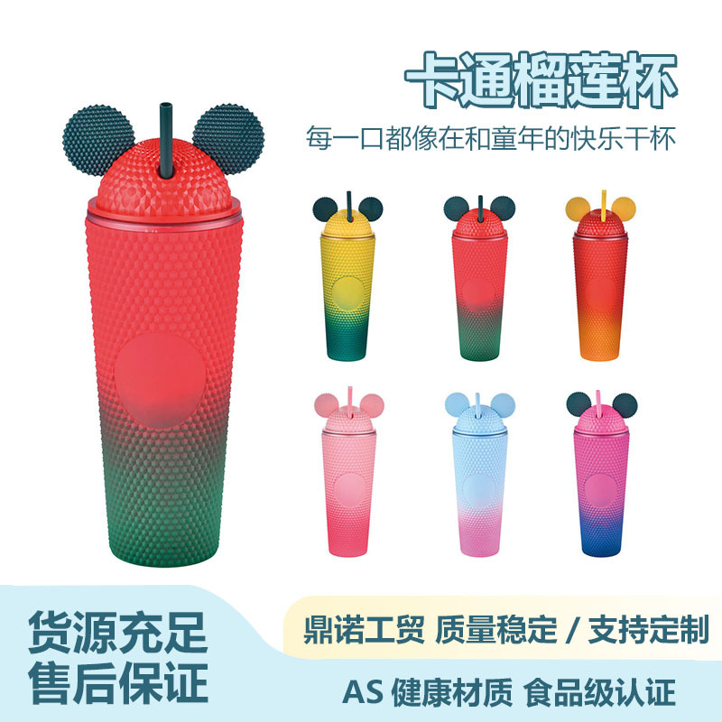 New cross-border Amazon double-layer plastic straw cup, gradient color creative water cup, portable cat ear cap durian cup full figure