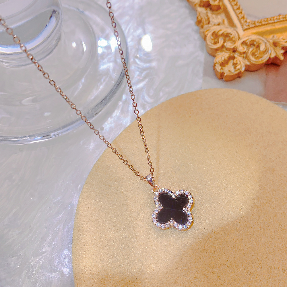 Titanium steel necklace for women, 18k rose gold with diamonds, four-leaf clover pendant, niche and light luxury, black shell collarbone chain, elegant neck chain details Picture