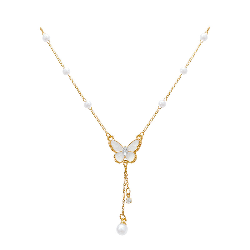 Glazed butterfly pearl tassel necklace for women, with a light luxury, niche and high-end feel. Titanium steel collarbone chain, fashionable and simple accessory Item Picture