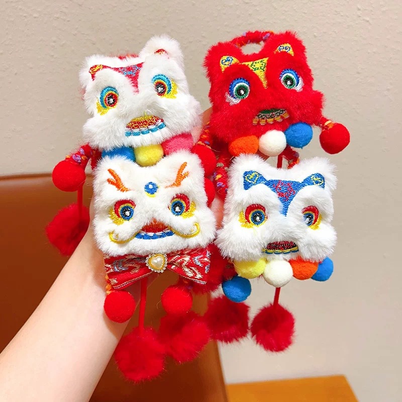 Children's lion dance hair bands, high appearance level headwear for babies in the New Year, red rubber bands, New Year greeting hair ties for girls details Picture