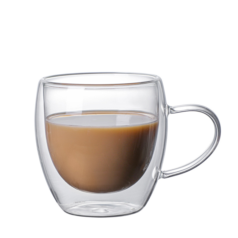 The manufacturer processes and customizes high borosilicate high-temperature resistant double-layer glass cups for cross-border supply of 250ml egg-shaped water cups with handles Item Picture