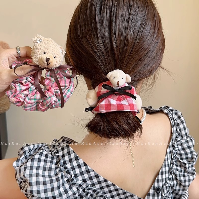 Cute girl's large intestine hair tie, rabbit bear checkered hair band, sweet girl's hair tie, children's cartoon hair tie details Picture