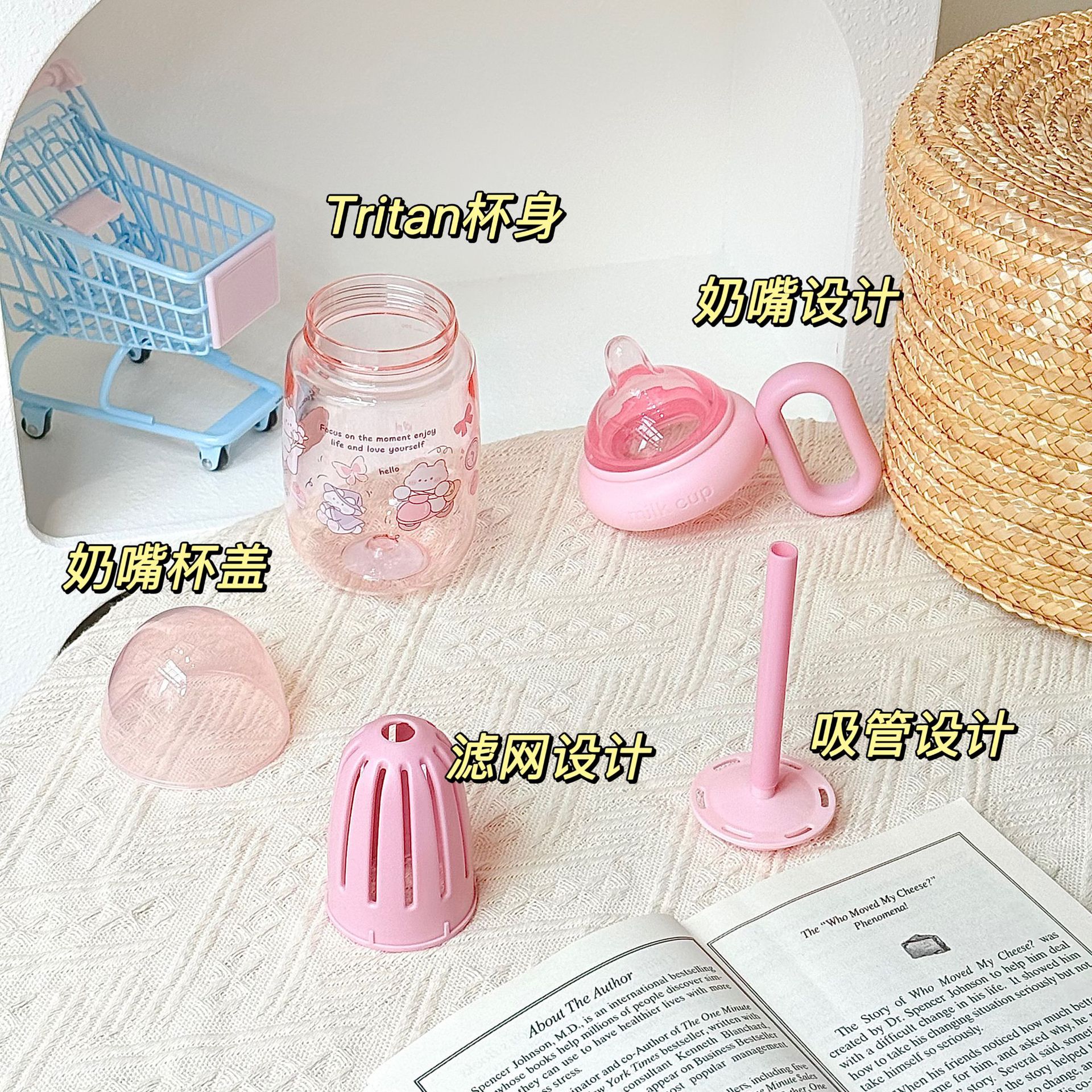 Creative baby bottle and water cup, tritan safe material, student plastic cup, girls with tea bin handle, milk cup Application Scenario