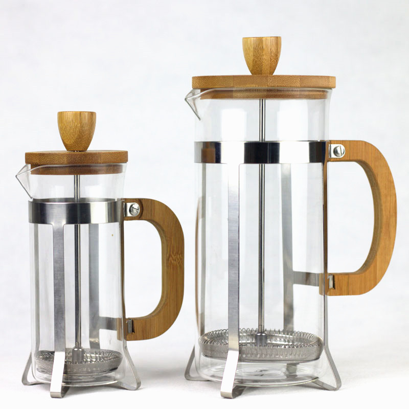 Bamboo and wood lid glass French press, household French filter press heat-resistant high borosilicate coffee pot, American-style utensils glass measuring cup full figure