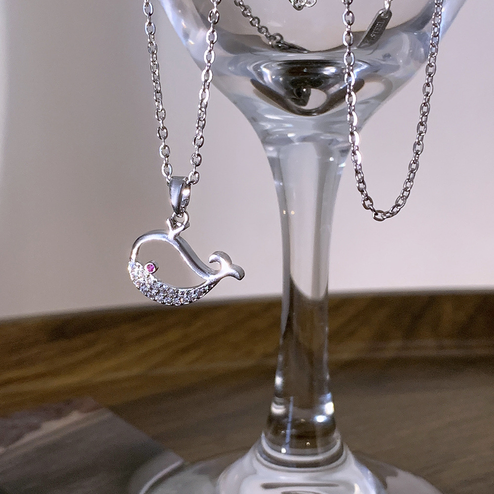 Silver small whale pendant titanium steel necklace, women's fashion pearl exquisite zircon collarbone chain, Korean version light luxury style details Picture