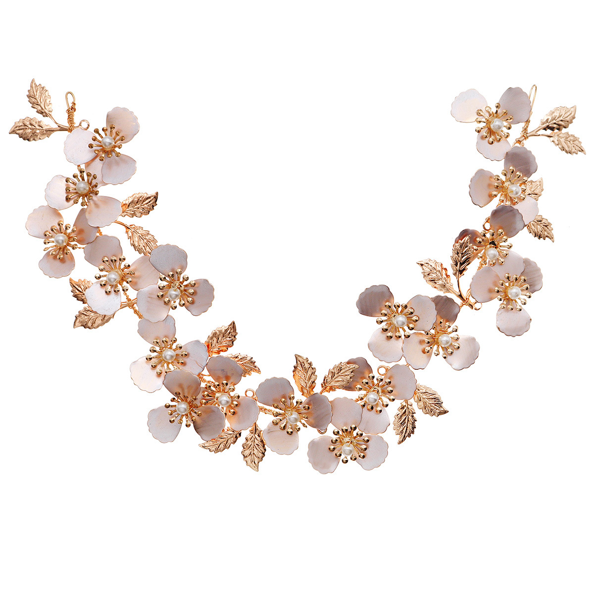 European and American bride headwear, handcrafted flower headbands, fashionable and high-end wedding accessories, metal flower leaf pearl headbands for women Item Picture