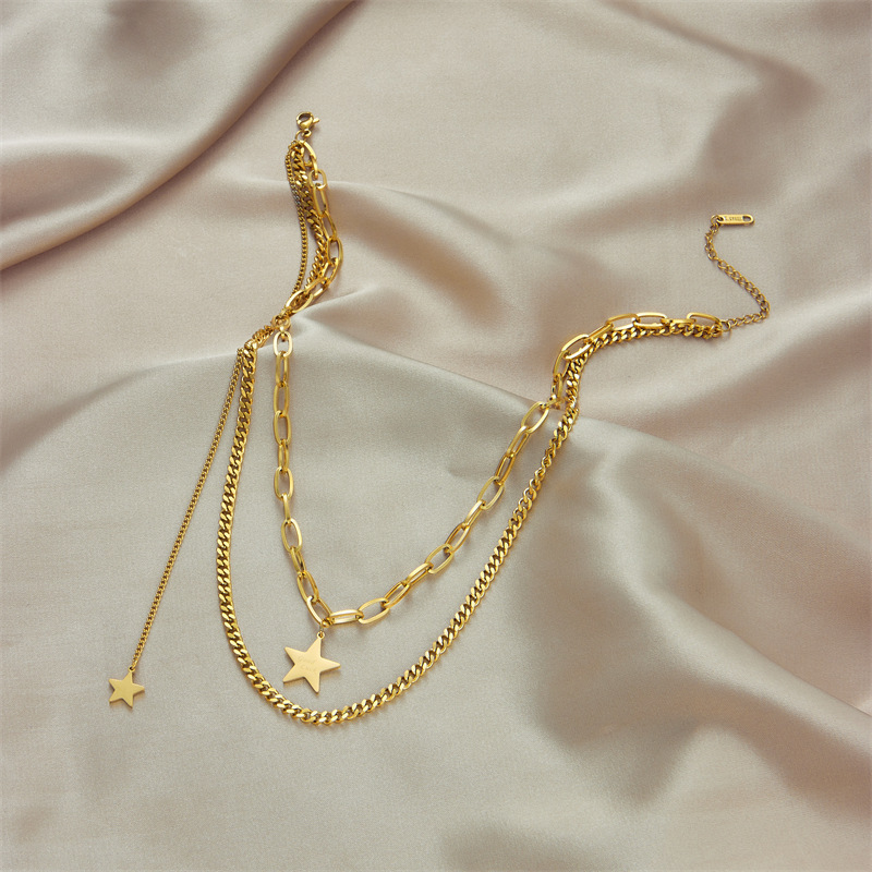 European and American ins double-layer five-pointed star pendant titanium steel, non-fading, unique and unique style, versatile accessory collarbone necklace Specification drawing