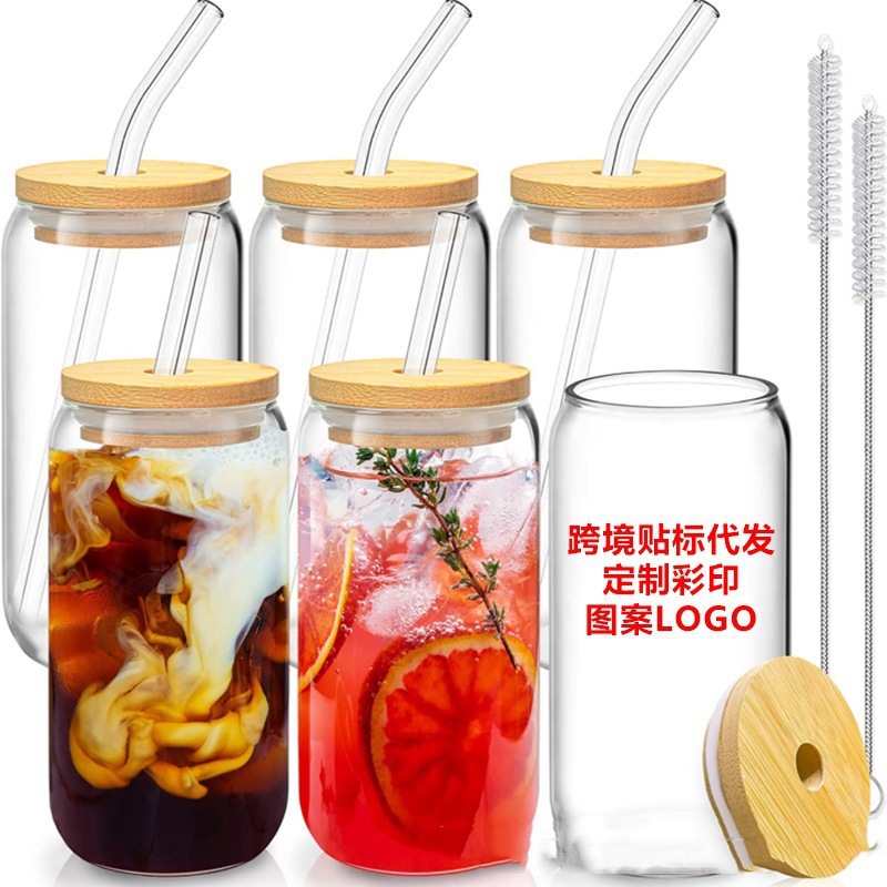 Cross-border Amazon high borosilicate water cups, popular bamboo and wood LIDS, cola cups, juice straws, glass cups, printed color pictures full figure