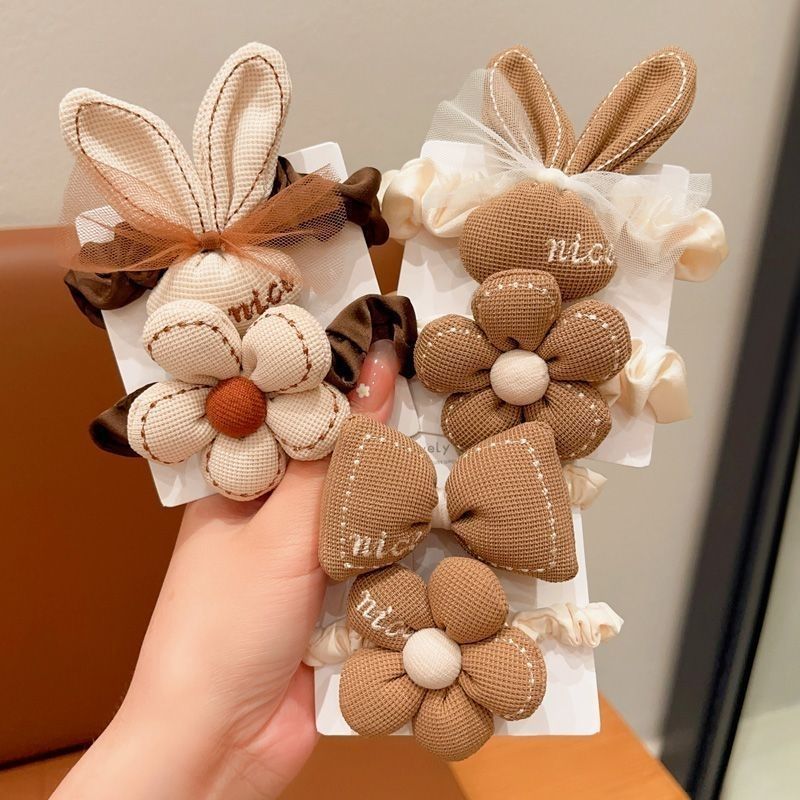Autumn and winter milk coffee flower bow hair tie, children's cartoon high-elasticity hair tie, girls' hair tie, hair band, girls' hair tie details Picture