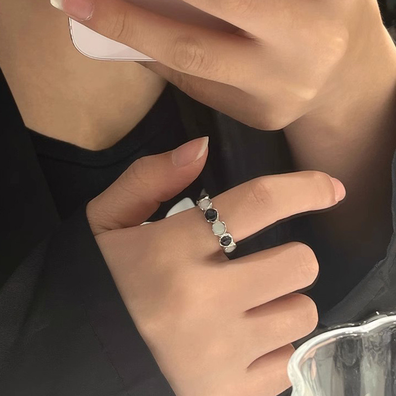 A niche design with black and white contrasting moonstone open ring for women on Instagram, featuring a cold style, high-end and light luxury personality details Picture