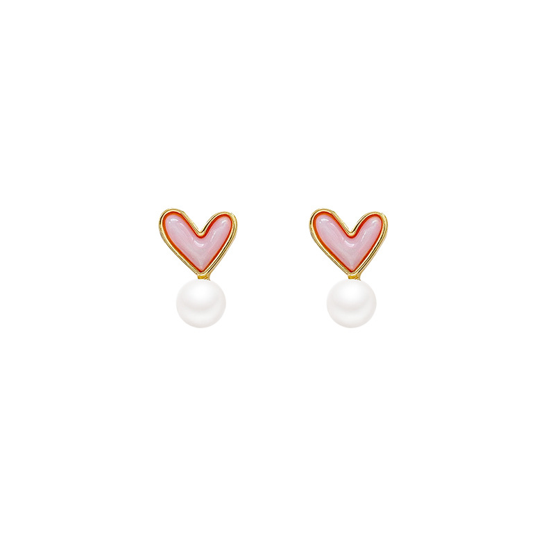 Pink heart-shaped pearl stud earrings for women, a new style of light luxury, niche design, simple earrings Item Picture