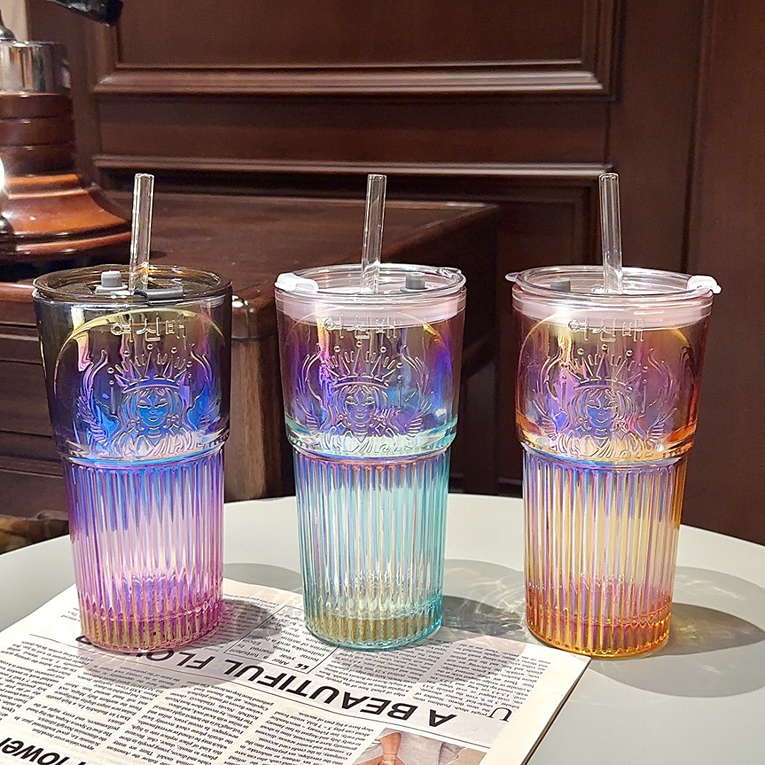 Gradient color thickened glass cup, high appearance level, colorful girls' straw cup, desktop home double-drinking goddess relief water cup full figure